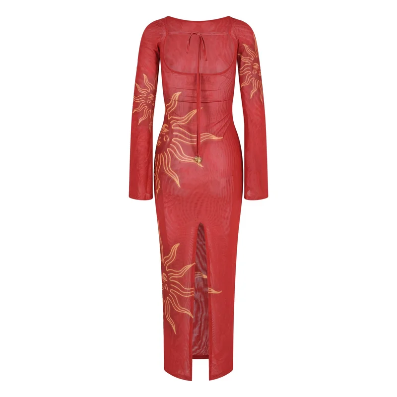 Scorpio Rizing  Celeste Cherry Red Double Layered Sculpting Mesh Maxi Dress for Women | Best Price UAE